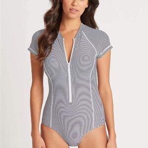 Sea Level Swim Positano Stripe Short Sleeve 16US One Piece Swimsuit - Night Sky